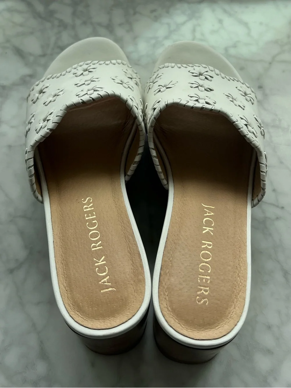 Jack Rogers White Leather Floral Platform Slides